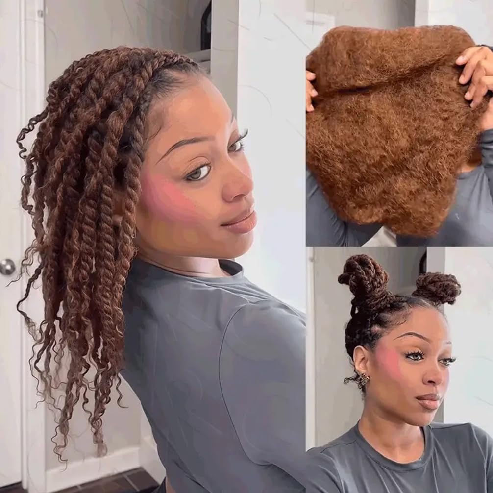 QVR Afro Kinkys Bulk Human Hair for Dreadlock Extensions Repair Locs 150 Gram, Dark Brown 14inches Mini Spring Twist Braiding Afro Kinky Human Hair for LocKs