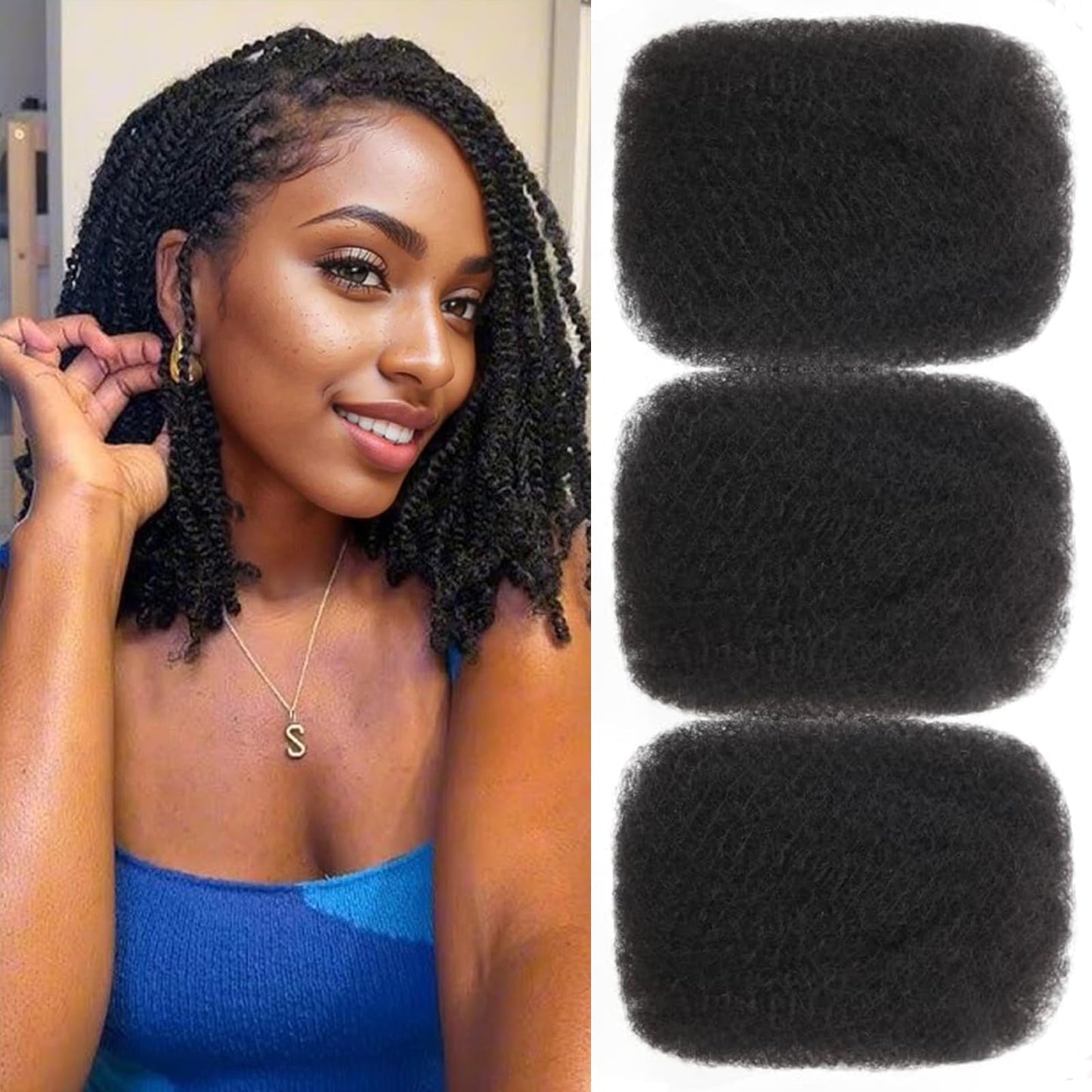 Afro Kinkys Bulk Human Hair 3 Pack 150g,Afro Kinky-Curly Human Hair Bulk Hair Bulk Human Braiding Hair for Dreadlock Extensions Repair Locs,Twist Afro Kinky Twist Extensions (14 Inch,50g/Pack)