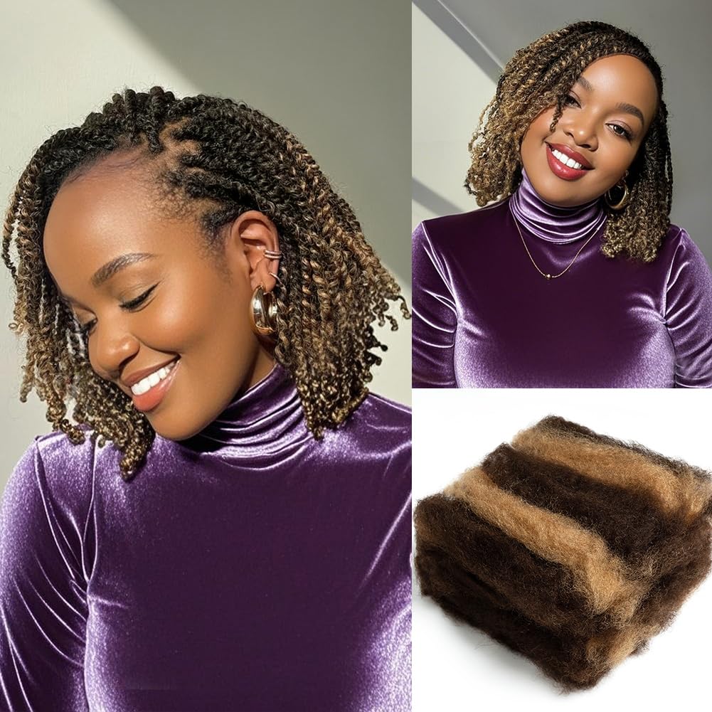 QVR Afro Kinkys Bulk Human Hair for Dreadlock Extensions Repair Locs 50 Gram/Pack,Auburn Brown Color 18 inches Mini Twist Braiding Afro Kinky Human Hair for Locs