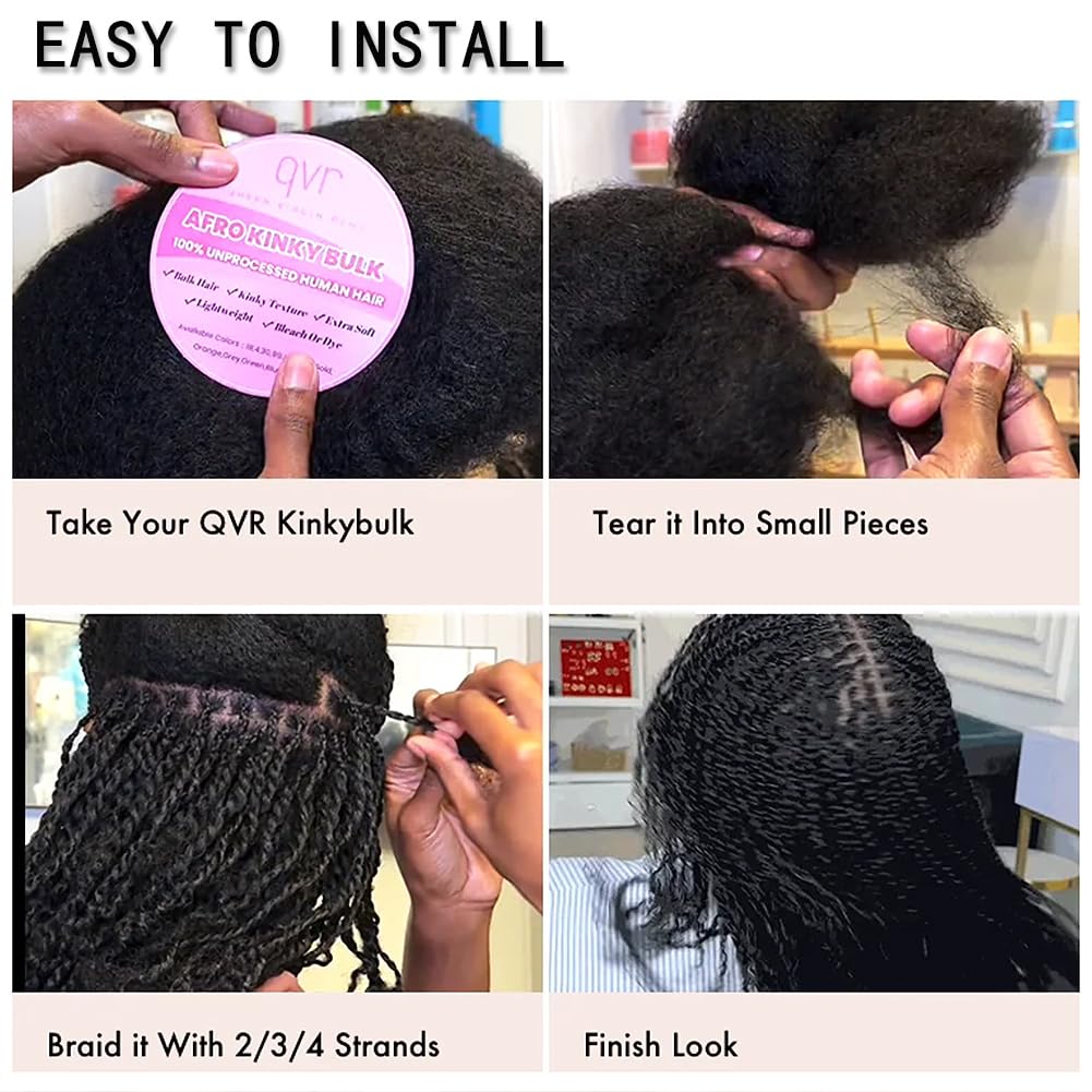 QVR Afro Kinkys Bulk Human Hair for Dreadlock Extensions Repair Locs 150 Gram, Dark Brown 14inches Mini Spring Twist Braiding Afro Kinky Human Hair for LocKs