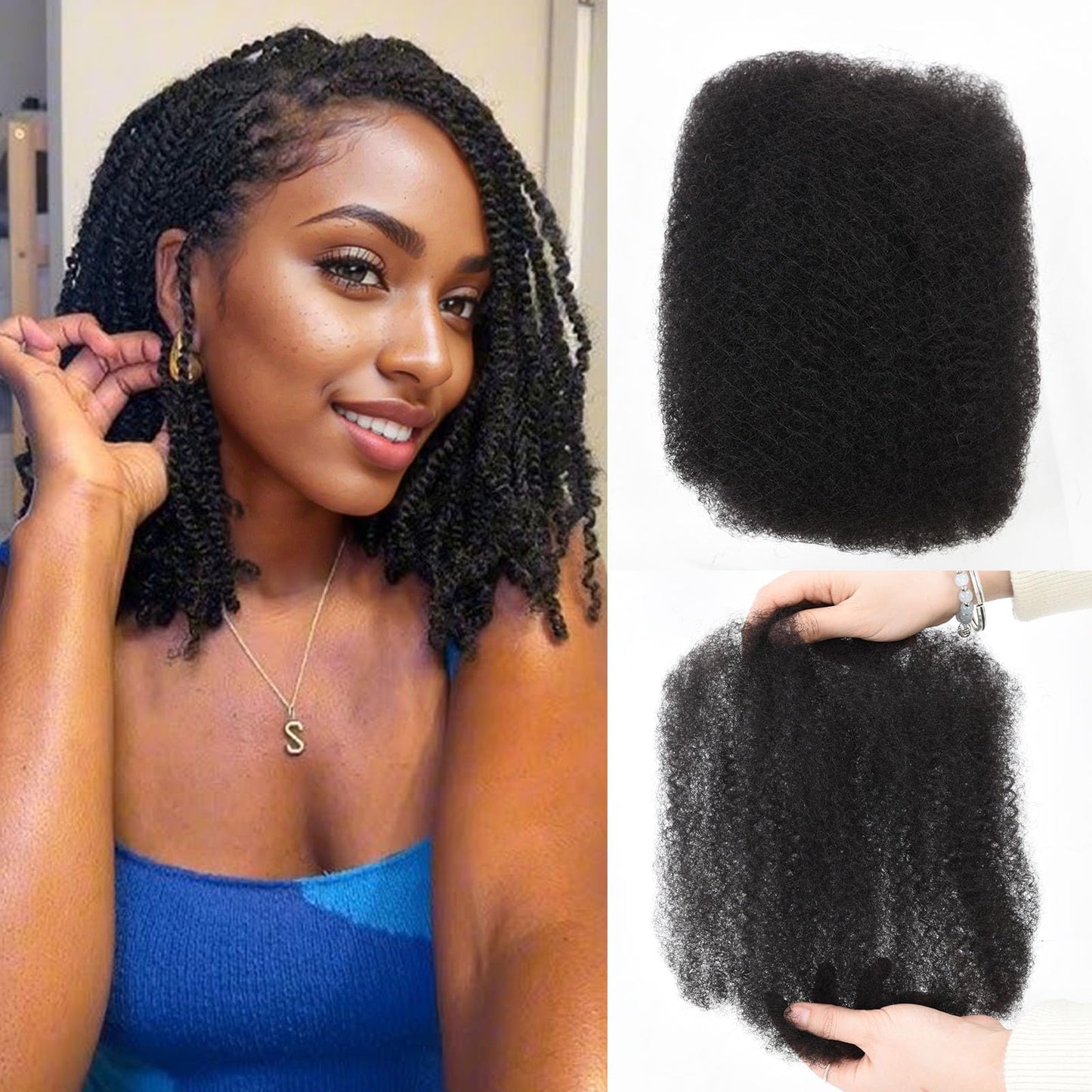Afro Kinkys Bulk Human Hair 3 Pack 150g,Afro Kinky-Curly Human Hair Bulk Hair Bulk Human Braiding Hair for Dreadlock Extensions Repair Locs,Twist Afro Kinky Twist Extensions (14 Inch,50g/Pack)