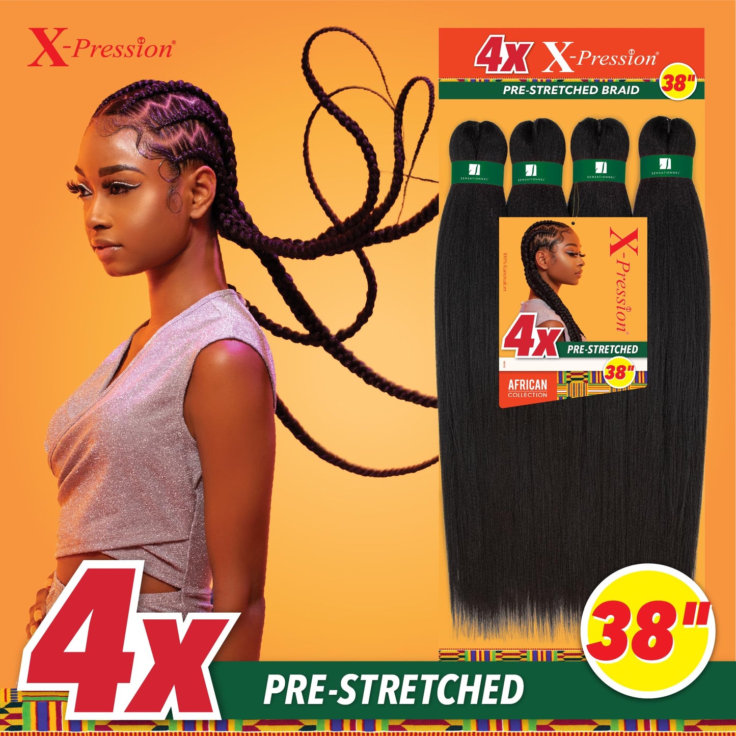 Sensationnel X-pression prestretched braiding hair - 4x braid 38 inch all kanekalon flame retardant synthetic braid for box braids and twists (1 pack, 4 MEDBROWN)